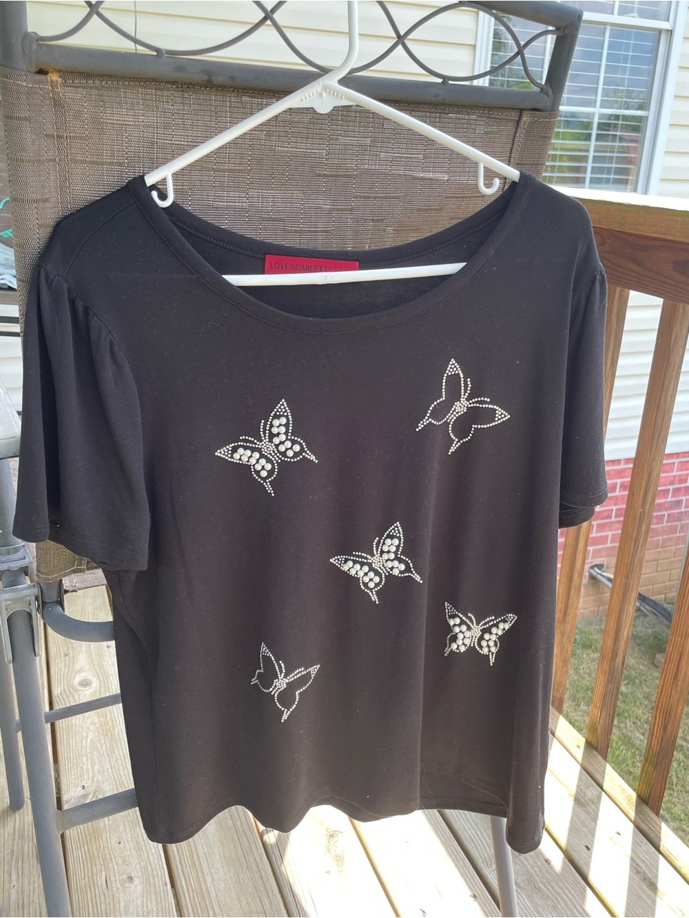 Scarlett Black Short Sleeve Tee with Rhinestone Butterfly Motif